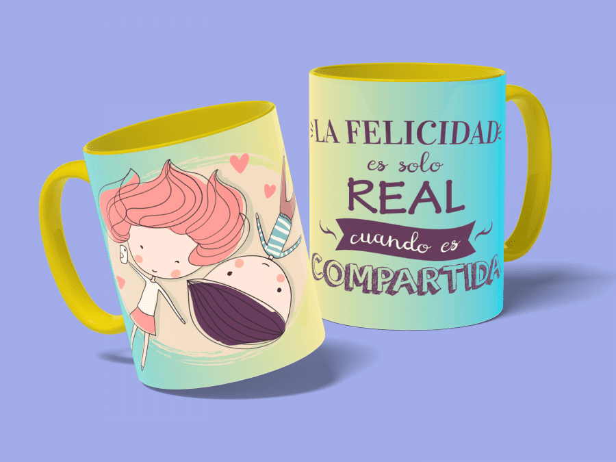 la felicidad es real-taza amarilla-con fondo