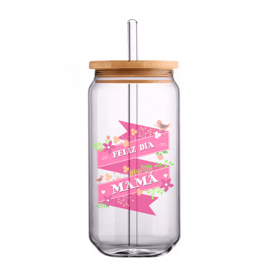 vaso cristal con pajita mamá