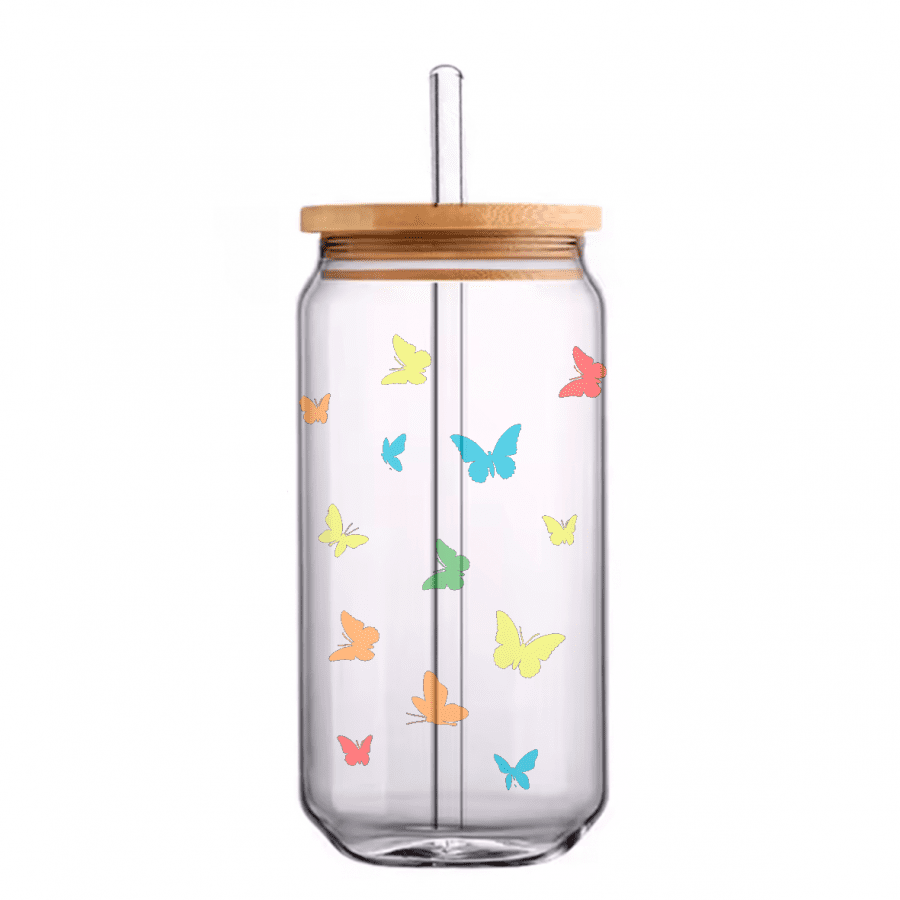 vaso cristal con pajita mariposas